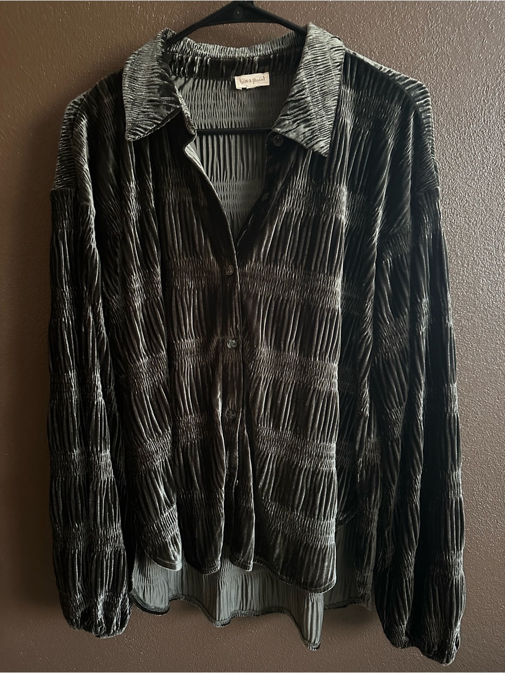 Hem & Thread Dark Olive Crushed Velvet Button-Up Top